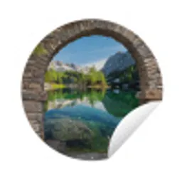 Doorkijk - Berg - Landschap - Water Wandcirkel tuinposter met ringen klein -3d