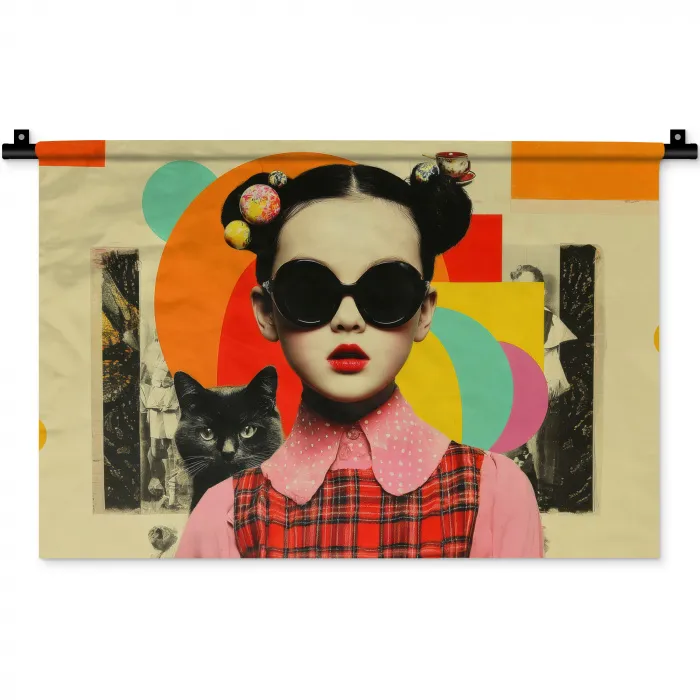 Meisje - Zonnebril - Kat - Retro Wandkleed katoen klein -zz3d