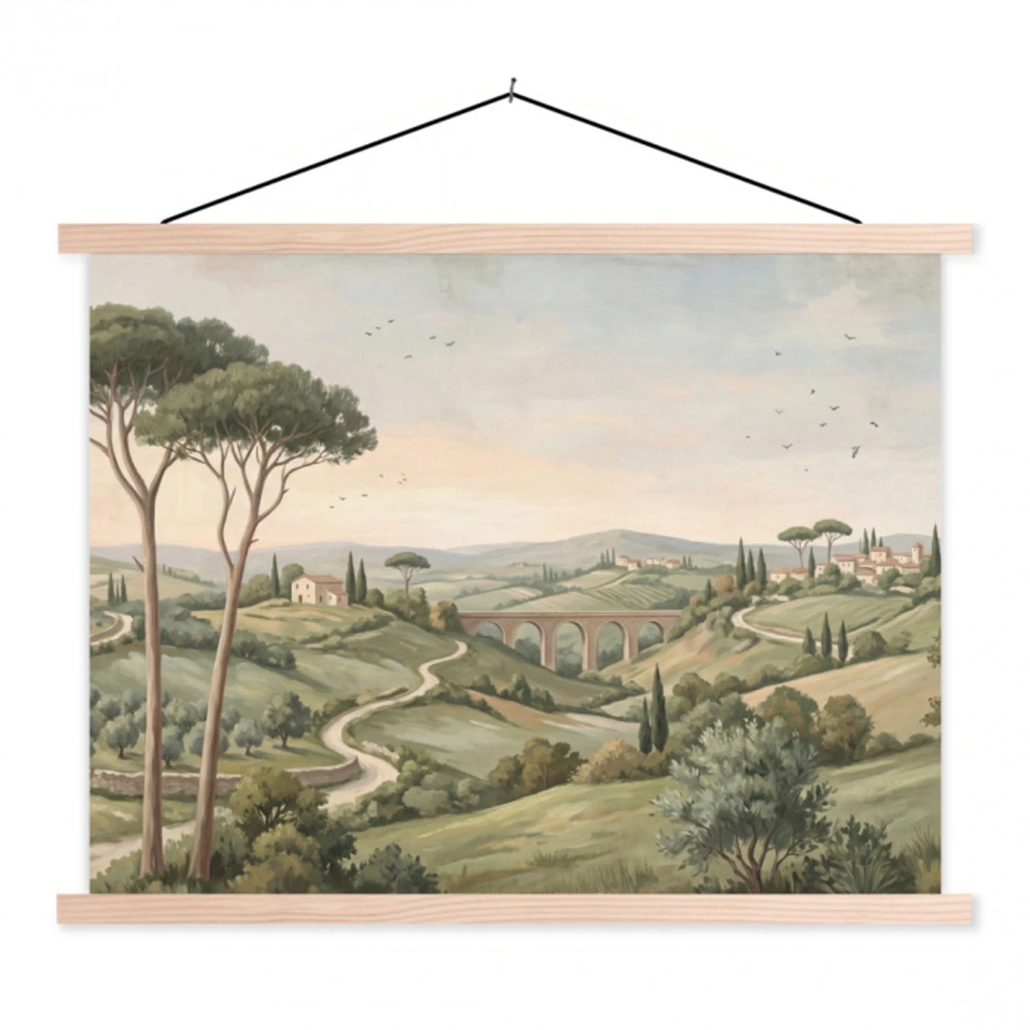 Landschap - Heuvels - Zandpad - Groen textielposter latten blank klein -3d