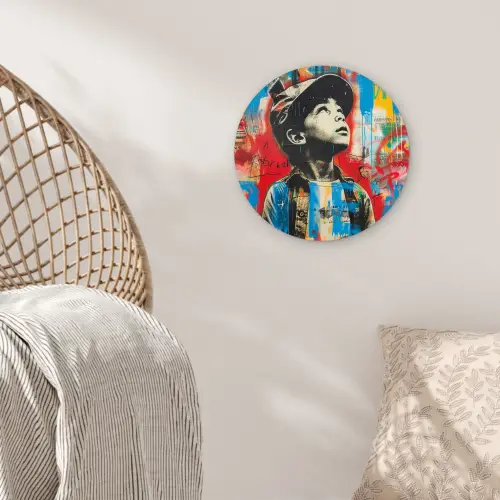 Graffiti - Vintage - Jongen - Street art - Neon - Banksy Wandcirkel kunststof plaat 5mm dik klein -sfeer5
