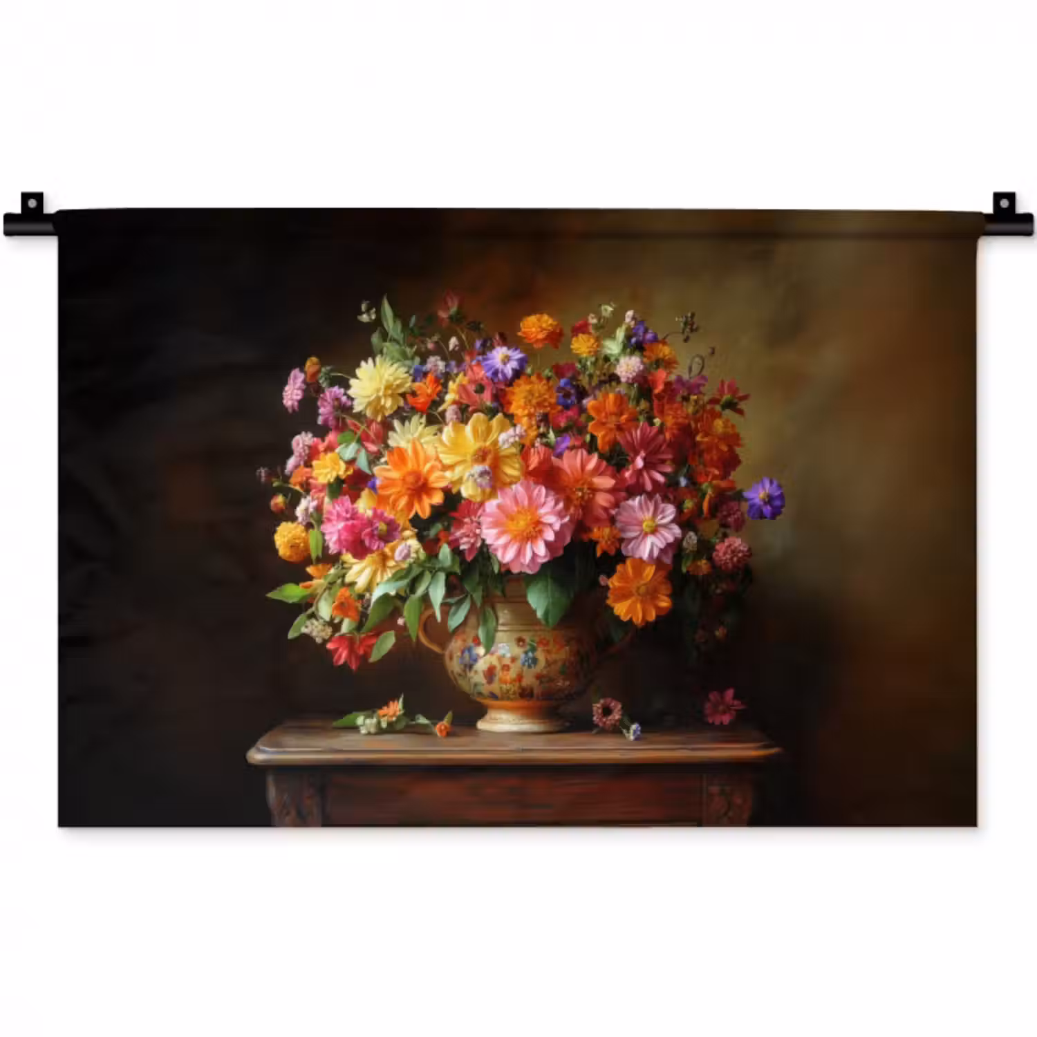 Wandteppich - Farben - Blumenstrauß - Vase - Holz