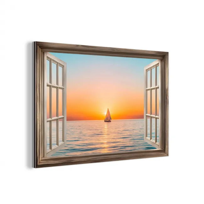 Doorkijk - Zee - Boot - Zonsondergang aluminium wit klein -3d