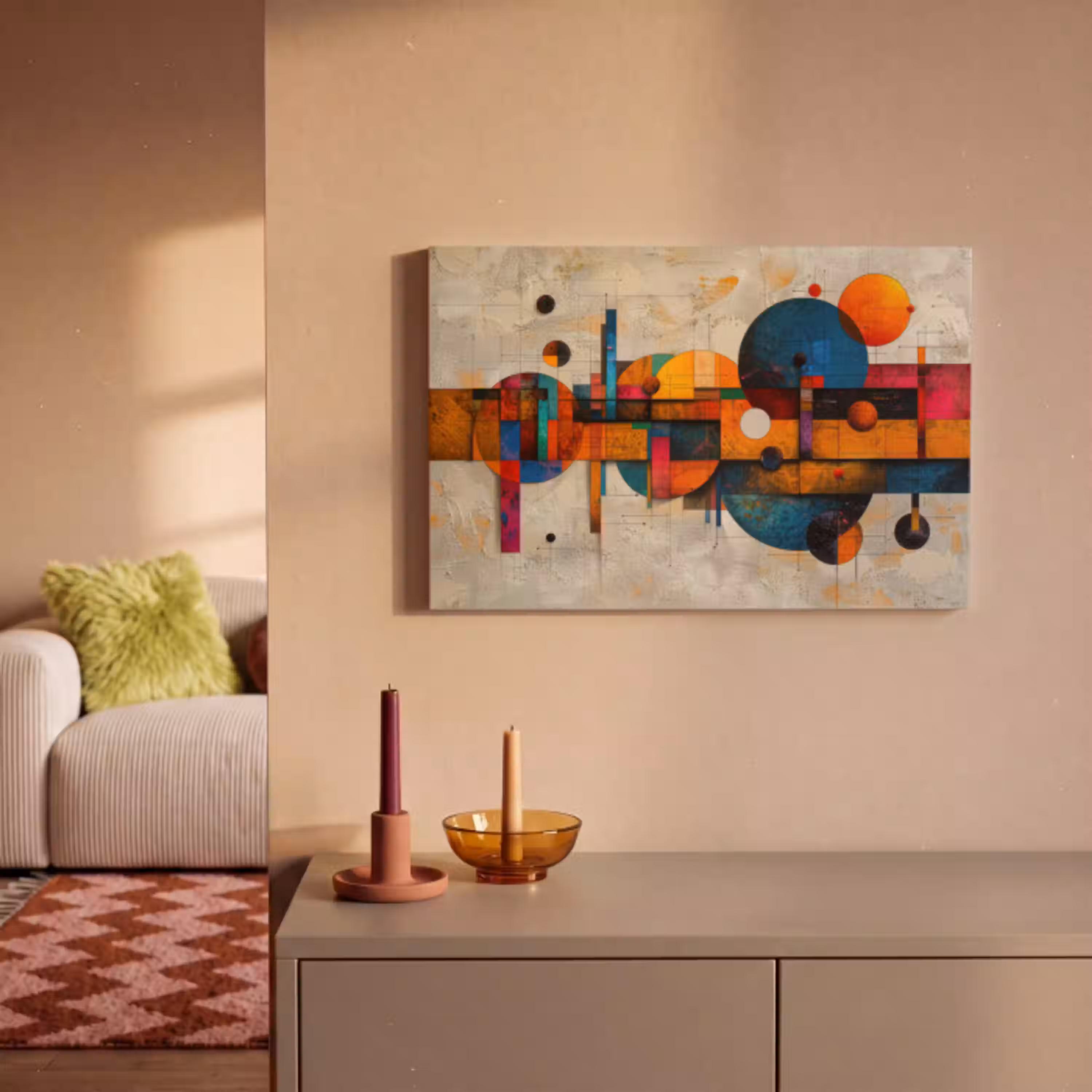 Vintage - Moderne kunst - Oranje - Geometrische vormen canvas 2cm klein -sfeer1