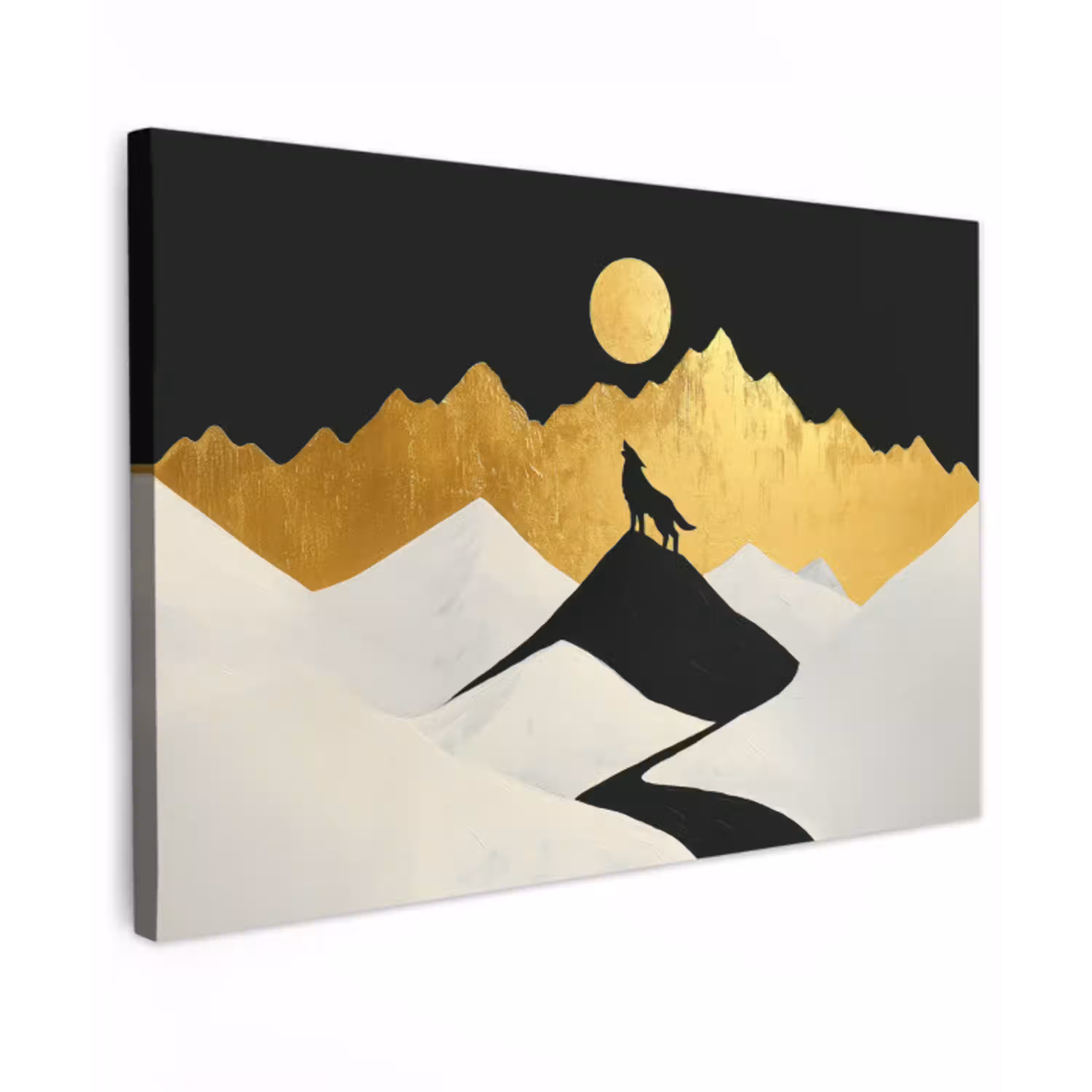 Wolf - Bergen - Maan - Zwart Tuinposter op houten frame 2 cm dik klein -3d