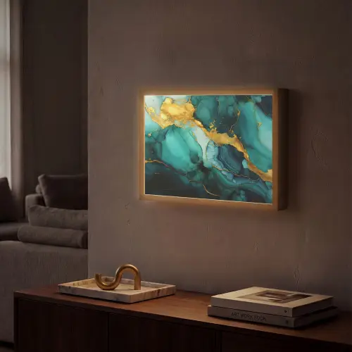 Marmer - Goud - Blauw groen - Abstract - Turquoise Light Box met batterij (Wandlamp) middel -sfeer1