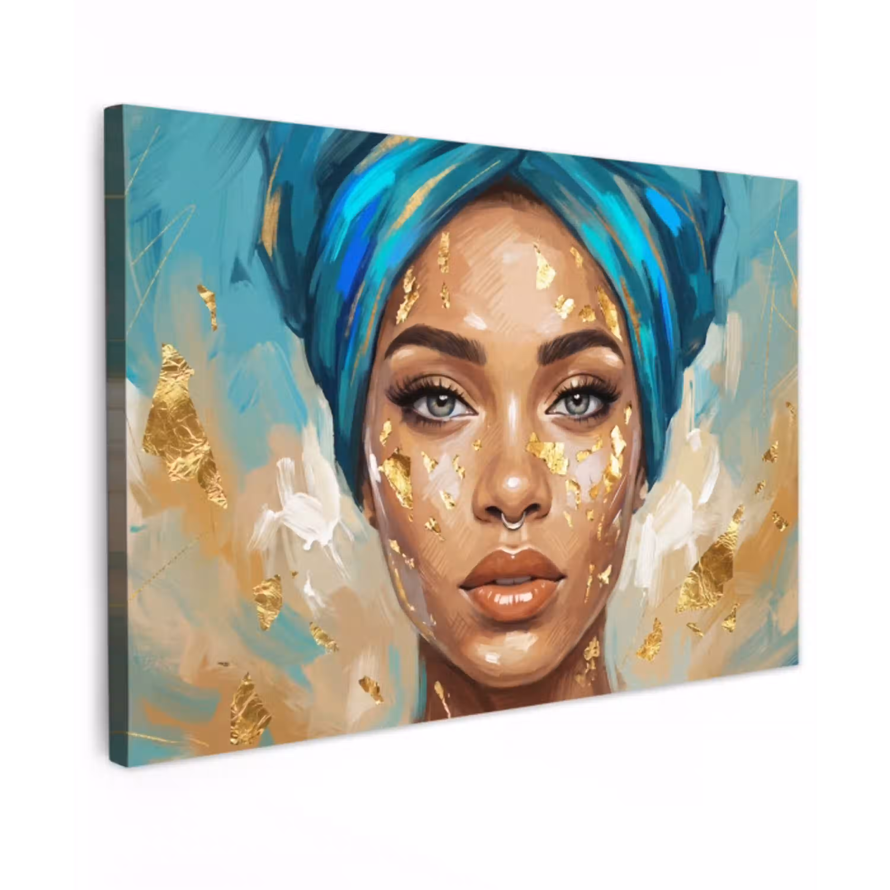 Portret - Vrouw - Schilderij - Blauw - Goud - Expressief Tuinposter op houten frame 2 cm dik klein -3d