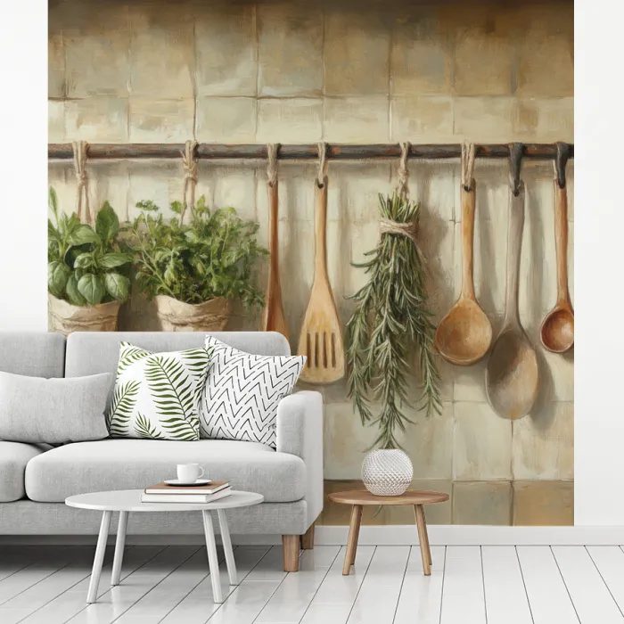 Hout - Keukengerei - Stilleven - Tegels fotobehang vinyl groot -woonkamer