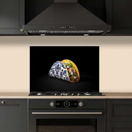 Taco - Vlees - Salade - Delftsblauw - Motief keuken achterwand spatscherm klein -sfeer1