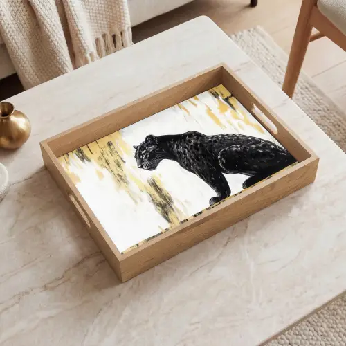 Panter - Zwart - Abstract - Goud Dienblad Rechthoek middel -sfeer1