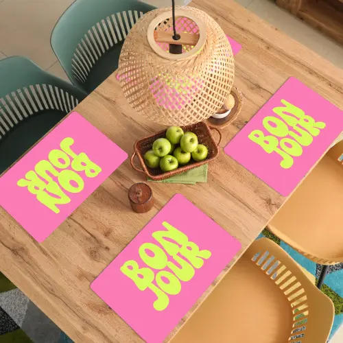 Bonjour - Roze - Fel groen Placemat vinyl groot -zzsfeer5_Kitchenyeah-website