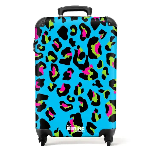 Pantermotief in neonkleuren op blauwe achtergrond NBS - Handbagage koffer - Kinderen Unisex middel -productfoto_recht
