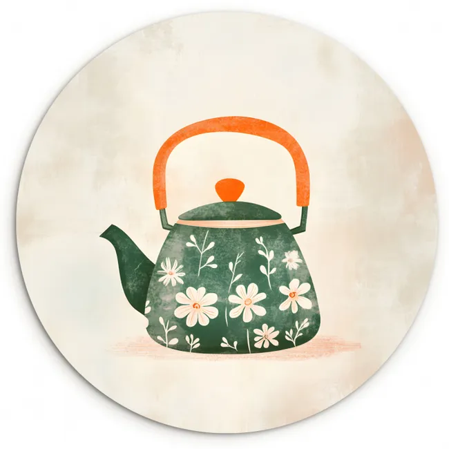 Theepot - Groen - Bloemen - Oranje Wandcirkel plexiglas klein -3d