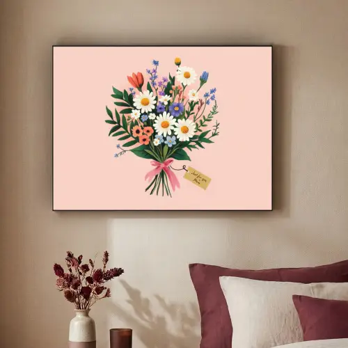 Margrieten - Boeket - Strikje - Roze Textielframe - compleet frame klein -sfeer1