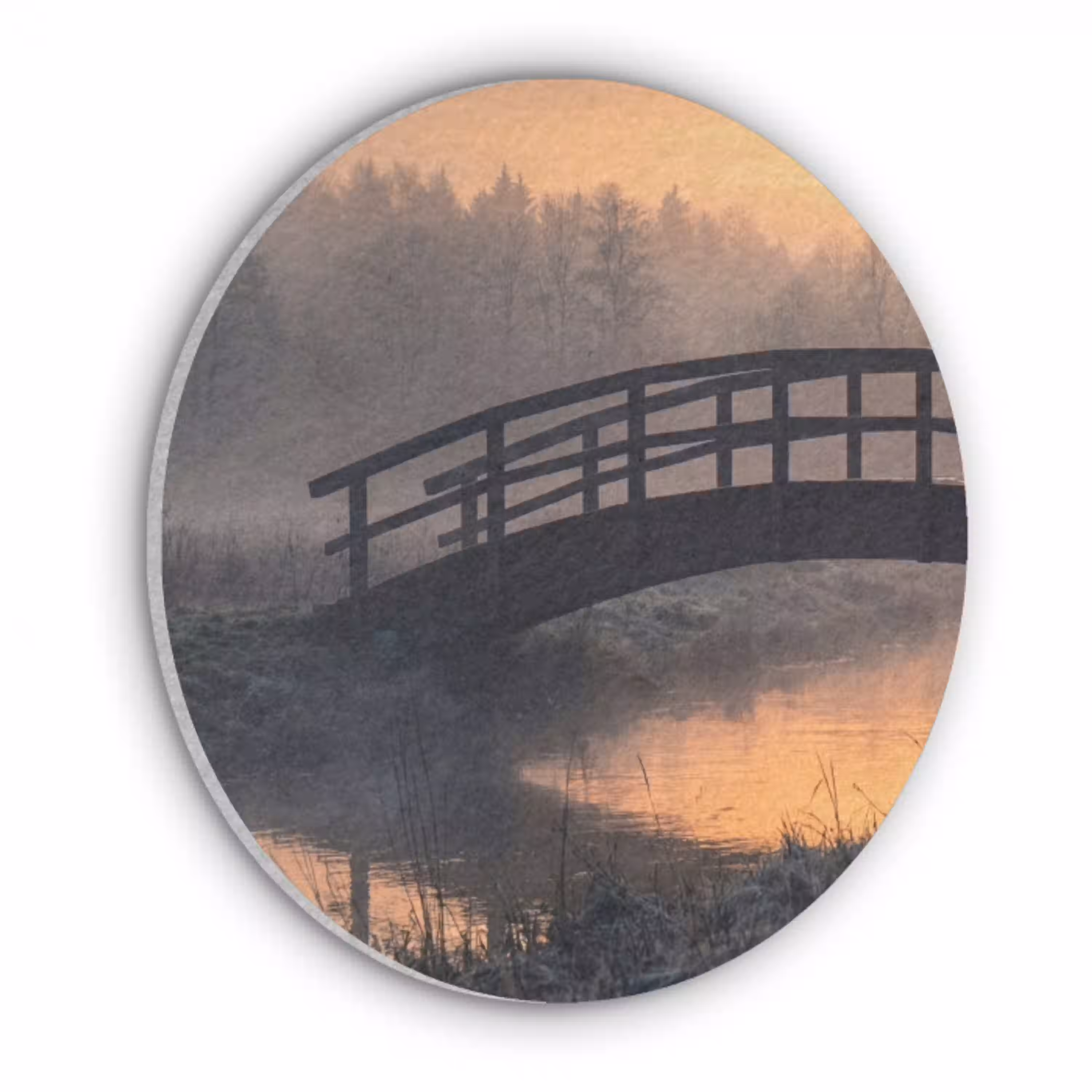 Brug - Mist - Bomen - Water Akoestische PET Vilt - Rond klein -3d