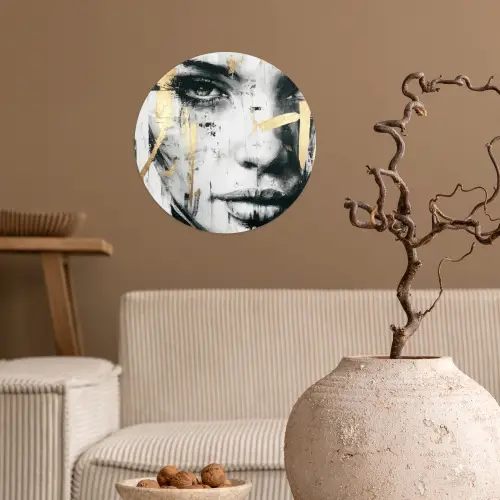 Portret - Vrouw - Penseelstreken - Goud Wandcirkel behangsticker klein -sfeer1