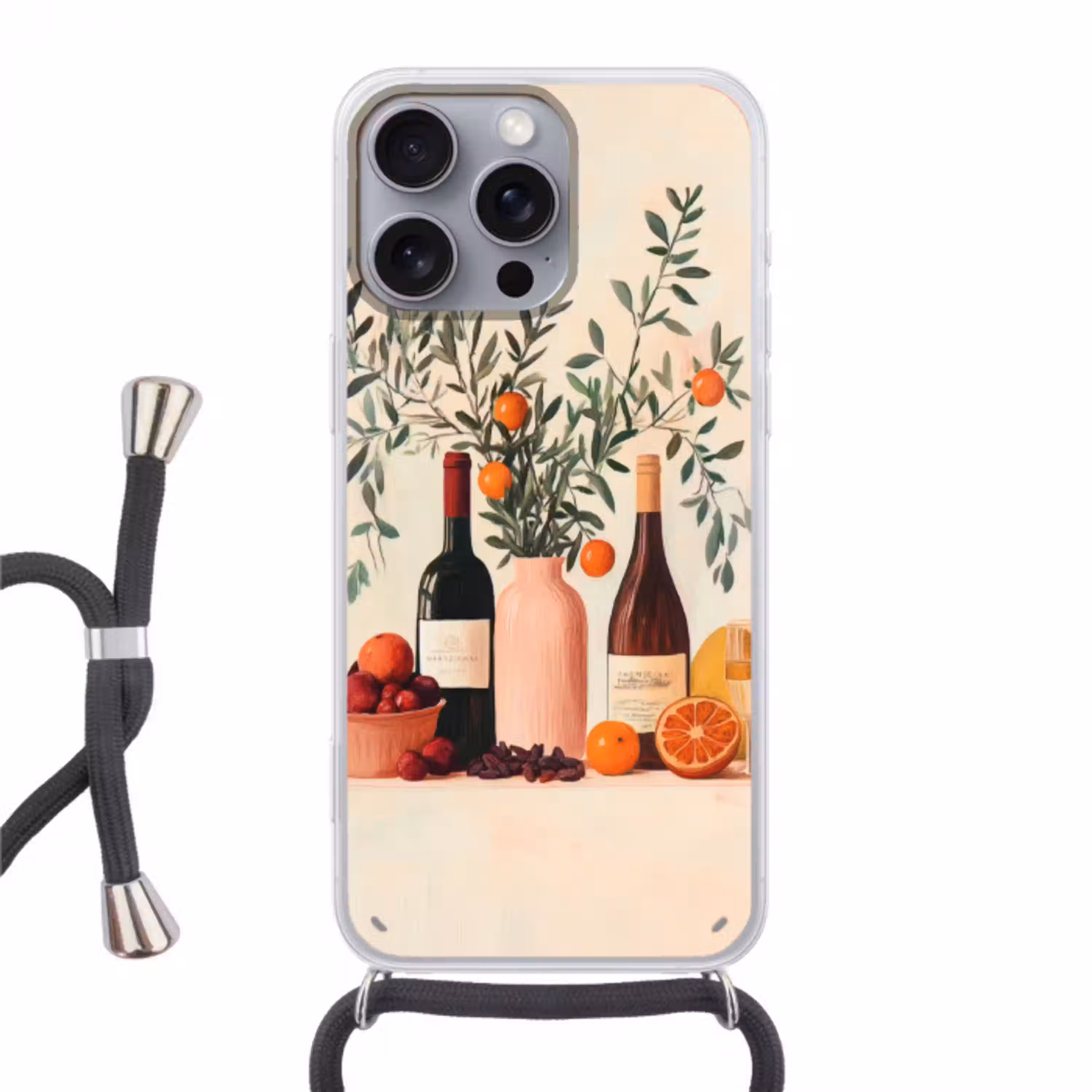 Wijnflessen - Takken - Sinaasappels Hoesje iPhone 16 Pro Max met koord klein -3d