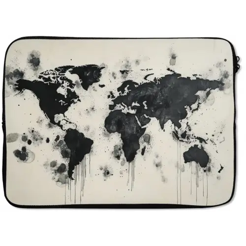 Wereldkaart - Zwart - Inkt laptophoes neopreen klein -zkaufland3dotto