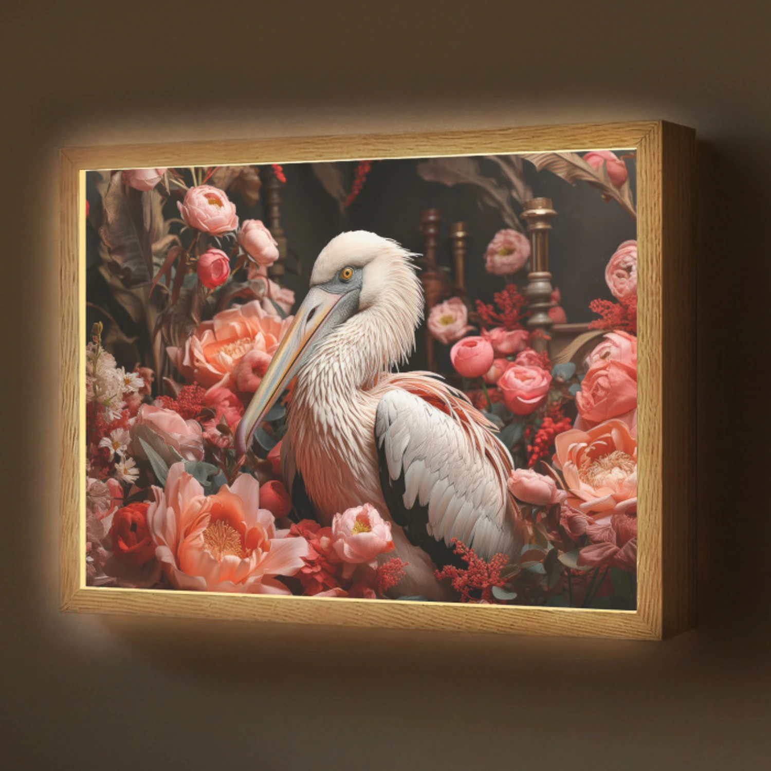 Pelikaan - Dier - Bloemen - Natuur - Botanisch - Roze Light Box met batterij (Wandlamp) middel -z3d_website