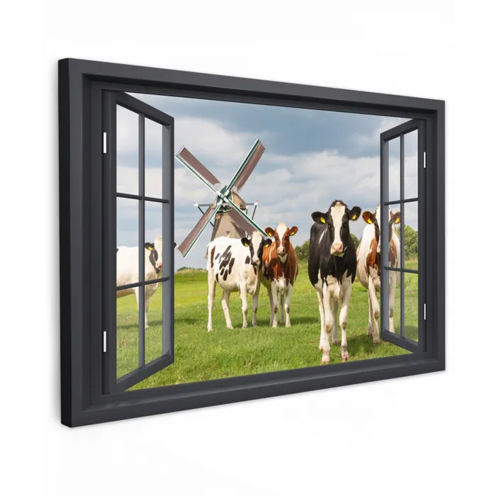 Doorkijk - Koe - Molen - Koeien - Weiland - Gras - Groen canvas 2cm klein -z3d
