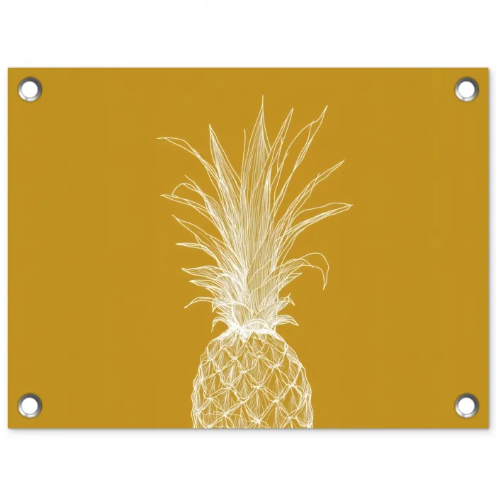 Lijnillustratie - Ananas - Bladkroon - Okergeel tuinposter los doek klein -3d