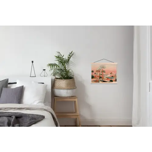 Roze landschap - Palmen - Water textielposter latten blank klein -woonkamer