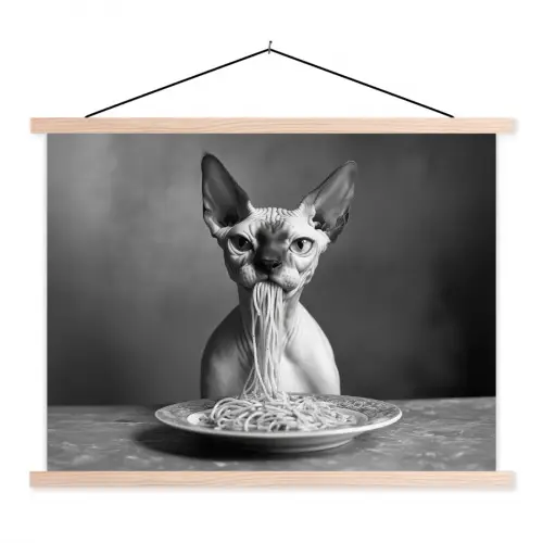 Sphynx - Kat - Dieren - Humor - Spaghetti - Zwart Wit textielposter latten blank klein -3d