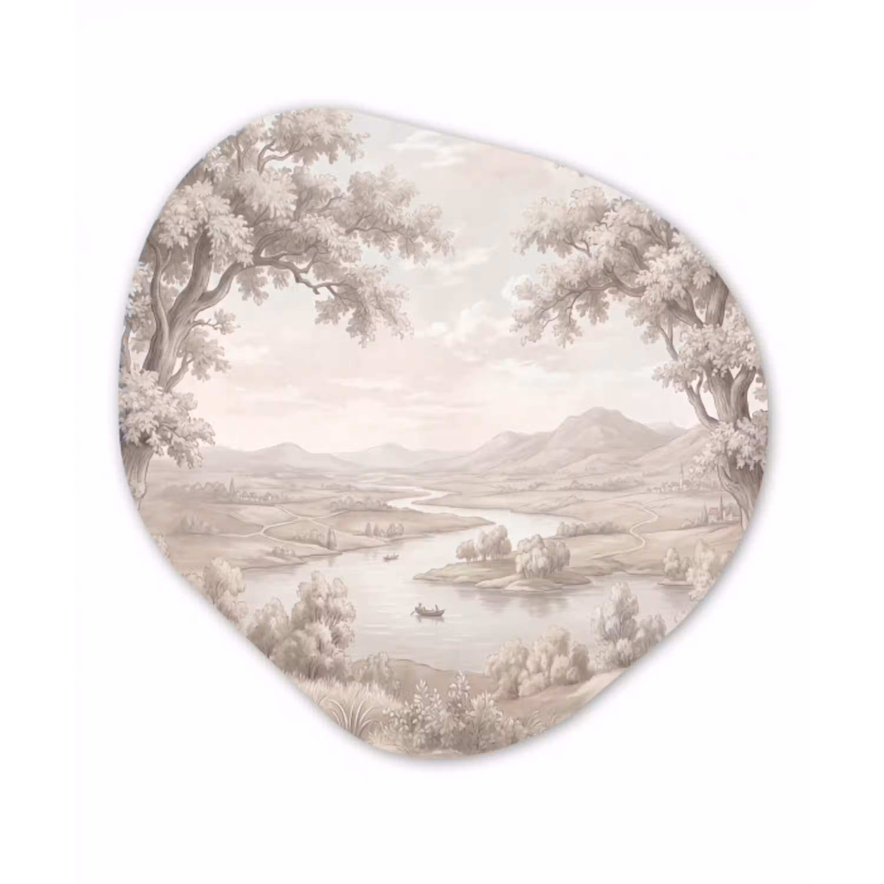 Rivierlandschap - Bergen - Natuur - Vintage - Beige Wandcirkel Organisch Aluminium middel -3d