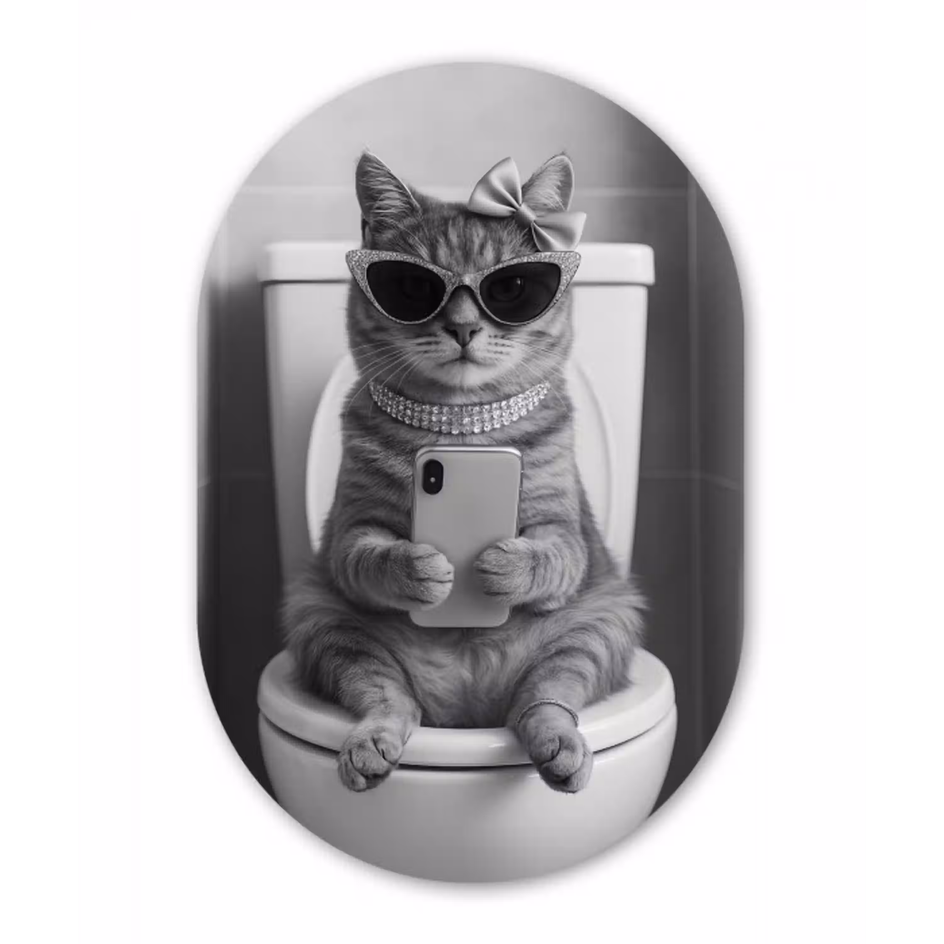 Kat - Telefoon - Toilet - Zwart - Wit Wandcirkel Ovaal Aluminium middel -3d