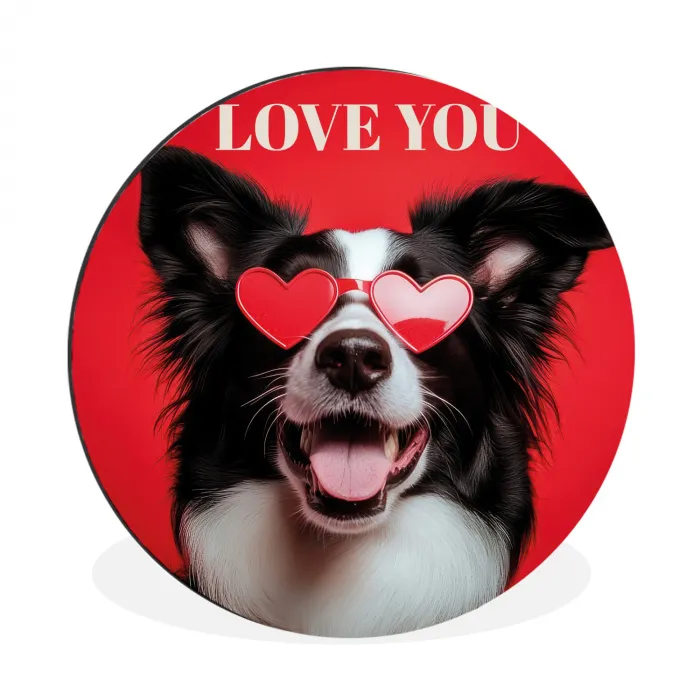 Hond - Hartjesbril - Loveyou - Rood Wandcirkel aluminium klein -3d