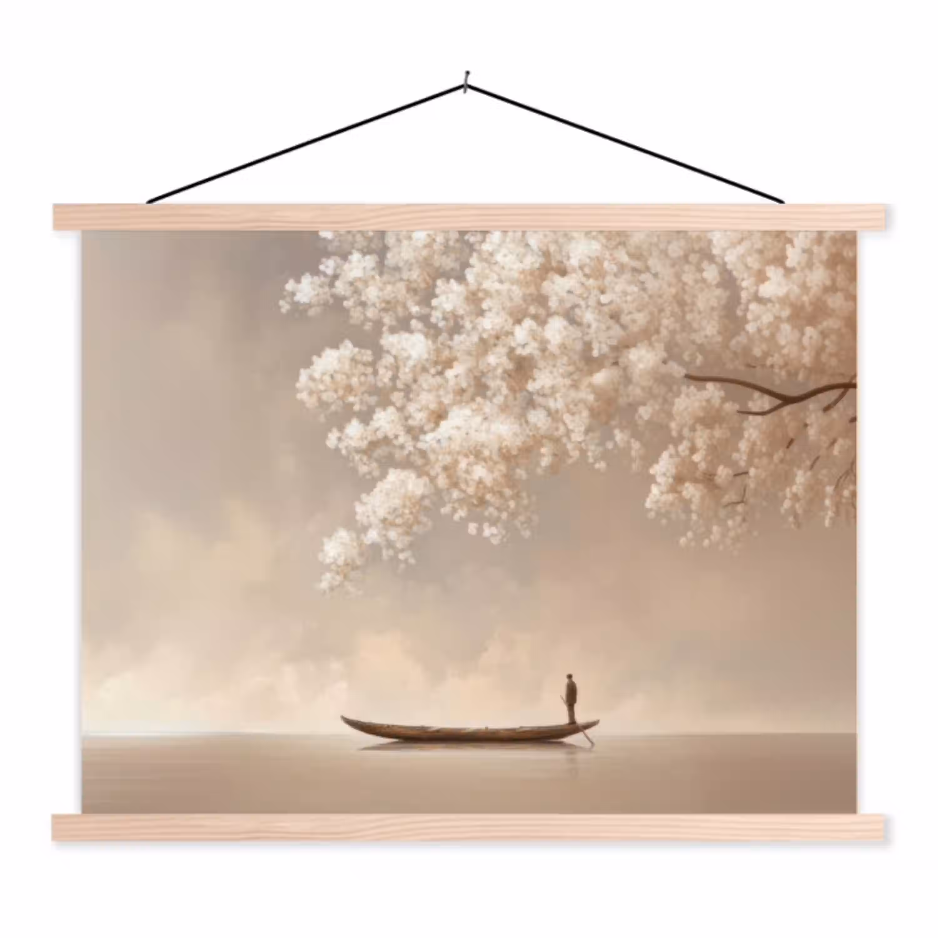 Bloesems - Wit - Boot - Minimalistisch textielposter latten blank klein -3d
