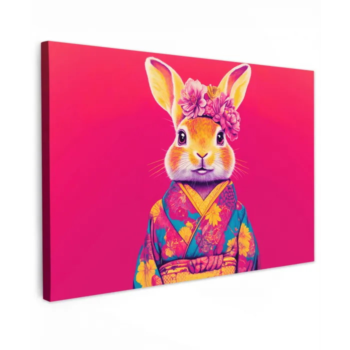 Konijn - Bloemen - Kleurrijk - Kimono Tuinposter op houten frame 2 cm dik klein -3d