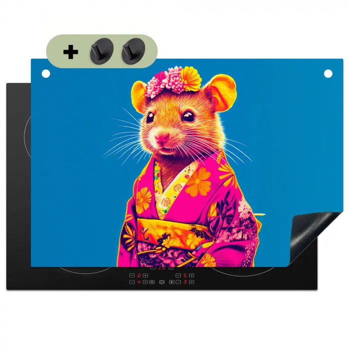 Muis - Kimono - Bloemen - Blauw Inductie beschemer met haakjes klein -3d