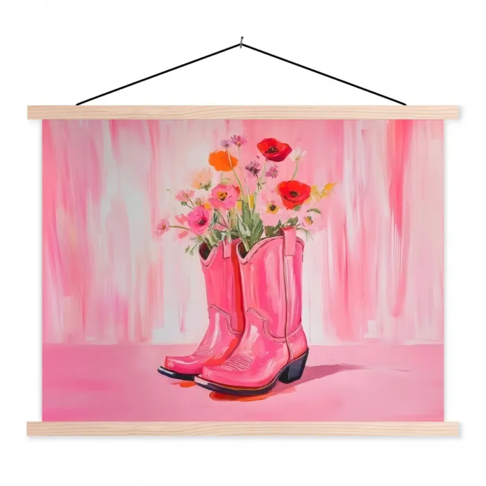 Roze - Bloemen - Cowboy textielposter latten blank klein -3d