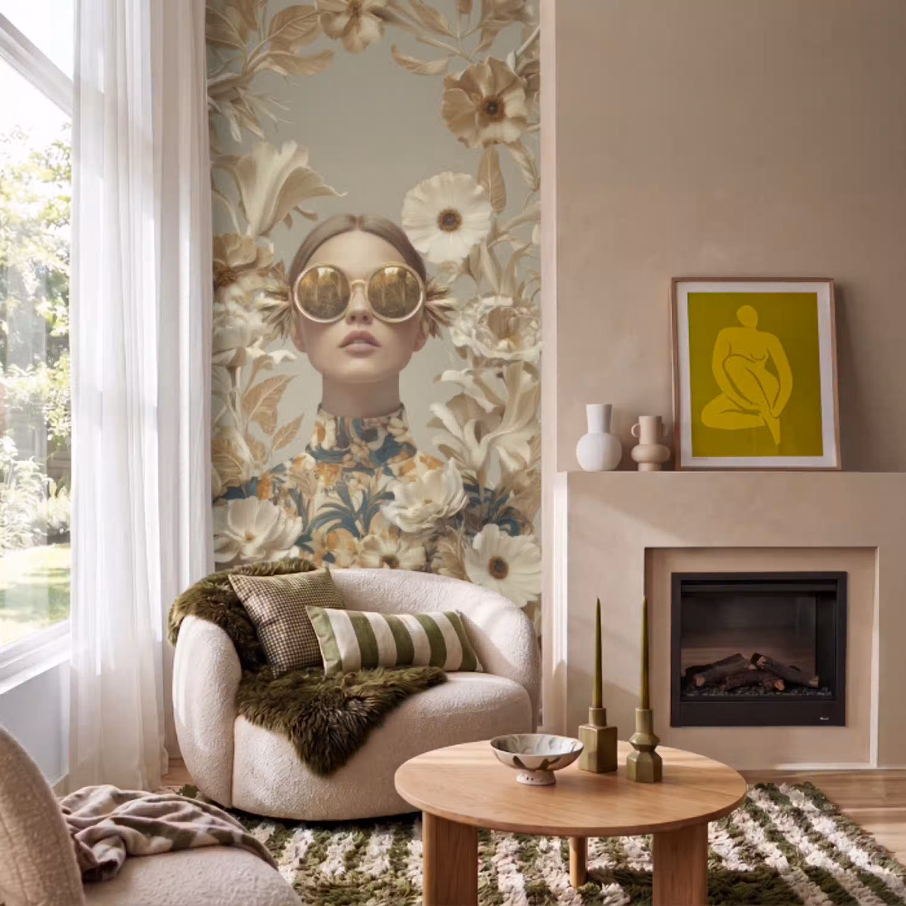 Vrouw - Bloemen - Zonnebril - Wit Behang Vlies klein -sfeer2