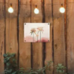 Palmbomen - Heuvels - Minimalistisch - Zachtroze tuinposter los doek klein -sfeer1