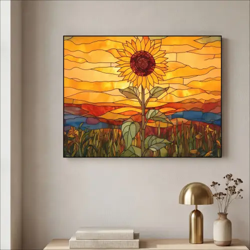 Zonnebloem - Mozaïek - Zonsondergang - Geel Textielframe zwart klein -sfeer2