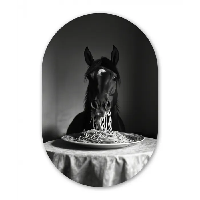 Paard - Bord - Pasta - Tafelkleed - Zwart Wit - Dieren Wandcirkel Ovaal Glas middel -3d