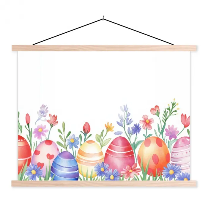 Bloementuin - Kleurrijk - Eieren textielposter latten blank klein -3d