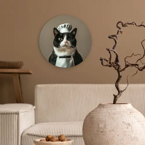 Kat - Kokskleding - Zwart - Wit Wandcirkel plexiglas klein -sfeer1
