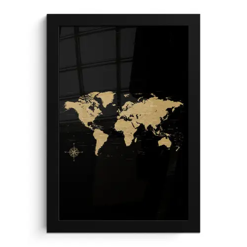Wereldkaart - Beige - Zwart fotolijst zwart zonder passe partout klein -3d