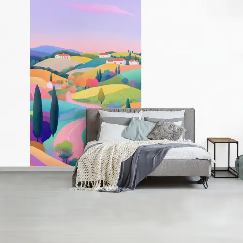 Landschap - Paars - Pastel - Huizen fotobehang vinyl groot -slaapkamer