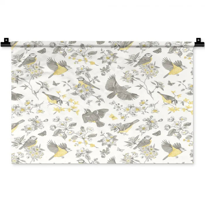 Birds - Flowers - Gray - Yellow Wandkleed katoen klein 269 -zz3d