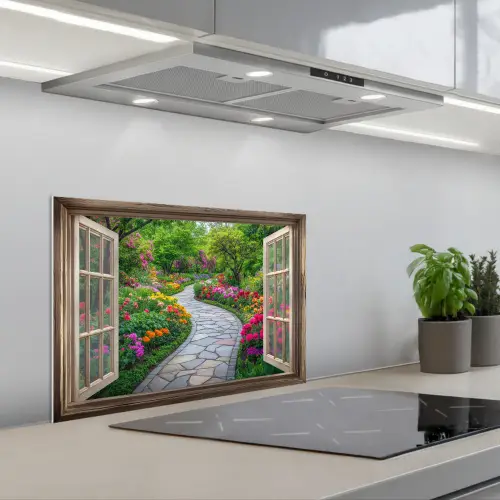 Doorkijk - Bloemen - Tuinpad - Natuur - Raam keuken achterwand spatscherm klein -3d_schuin