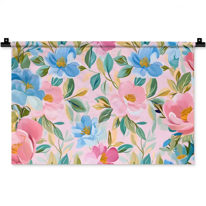 Blauw - Roze - Bloemen Wandkleed katoen klein -zz3d