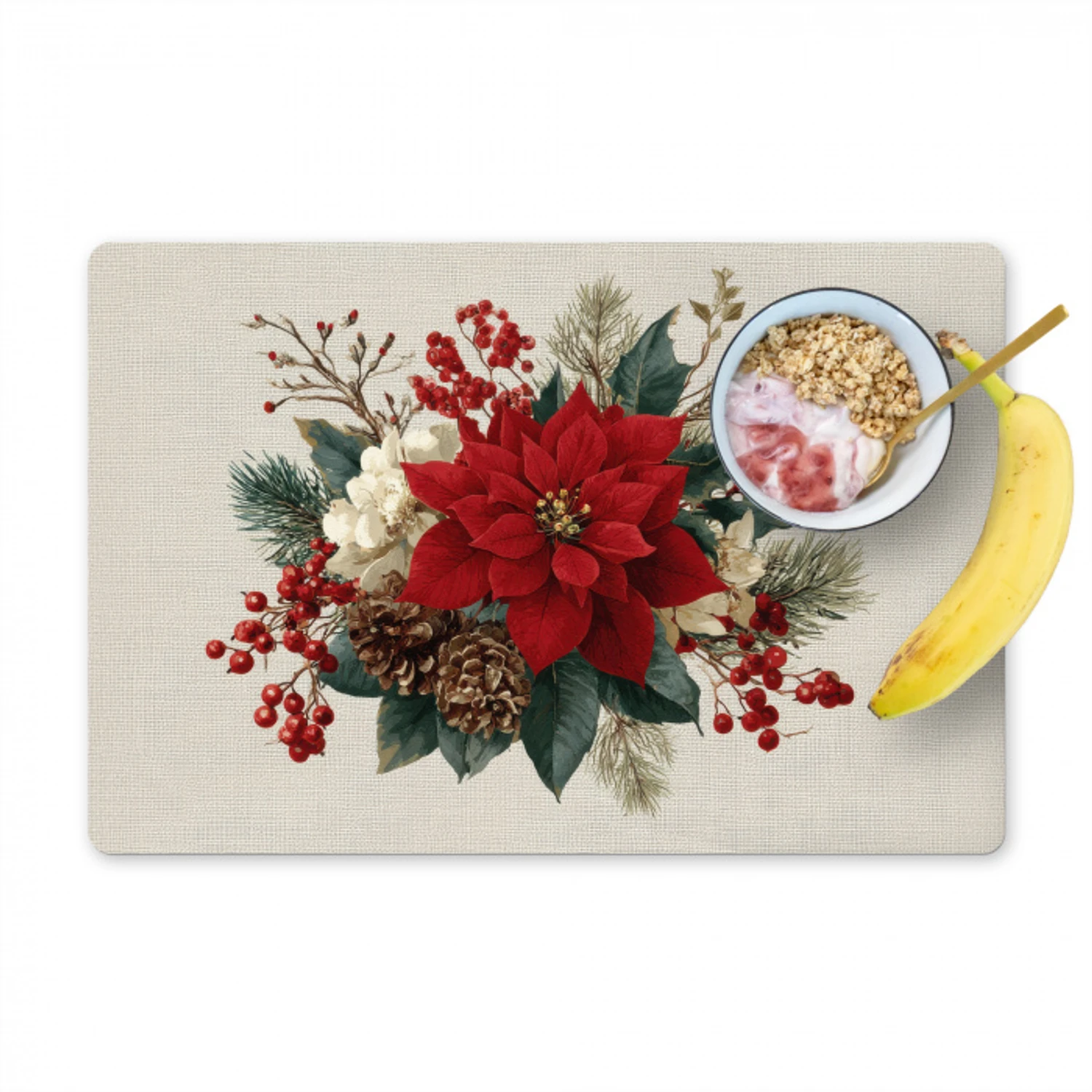 Kerststuk - Poinsettia - Dennenappels - Rood Placemat vinyl groot -zzzproduct_Kitchenyeah-website