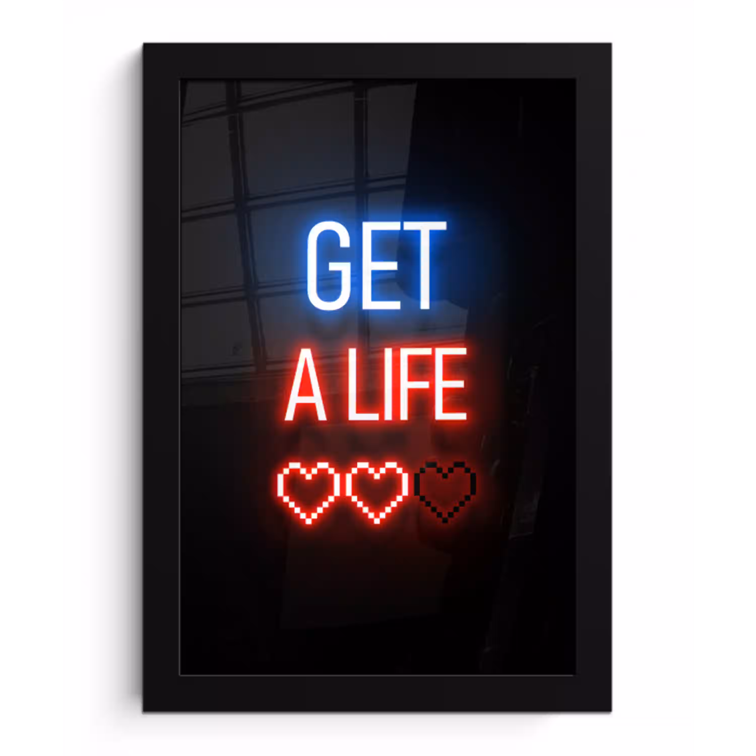 Gaming - Tekst - Get a life - Neon - Zwart fotolijst zwart zonder passe partout klein -3d