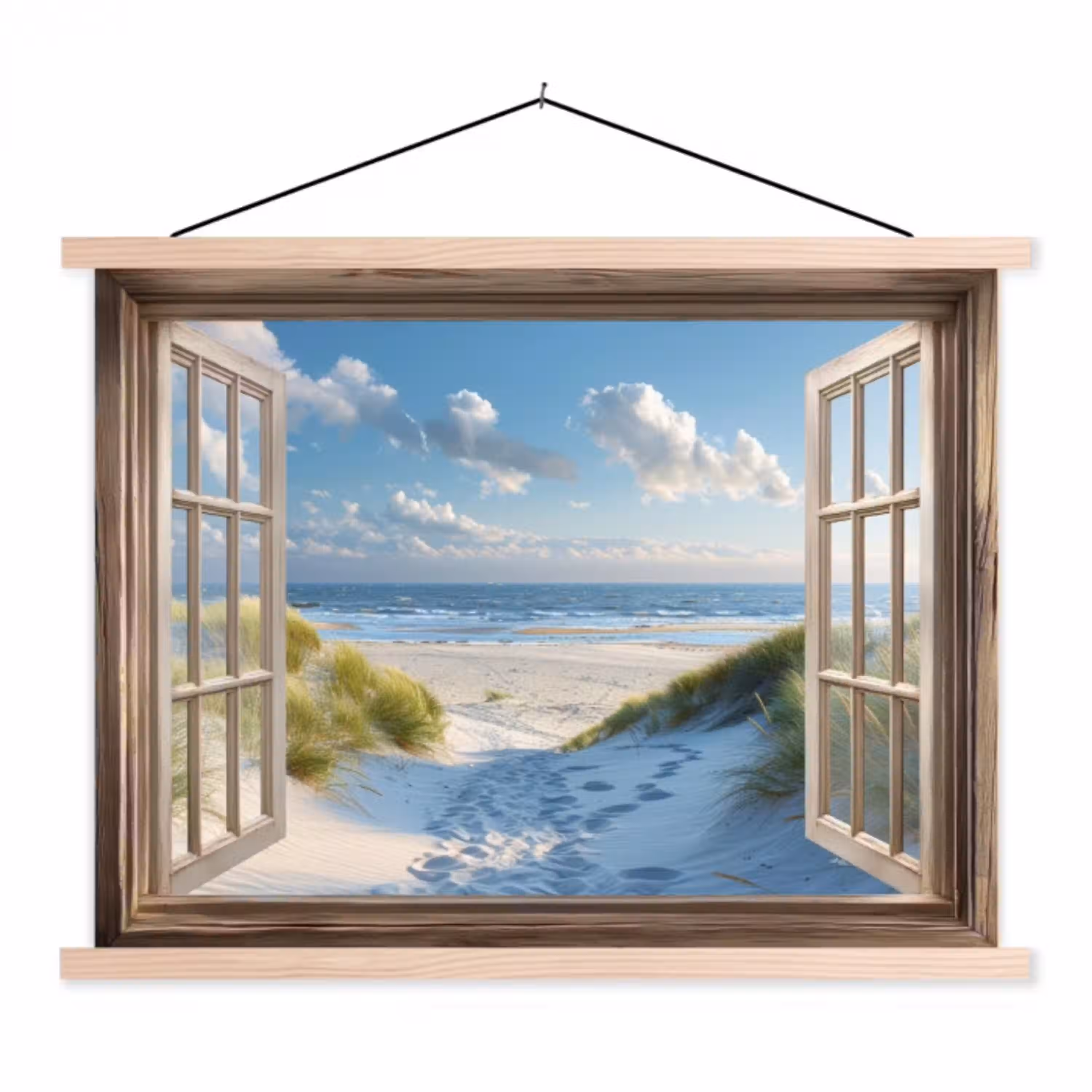 Doorkijk - Strand - Raam - Duinen - Zee textielposter latten blank klein -3d
