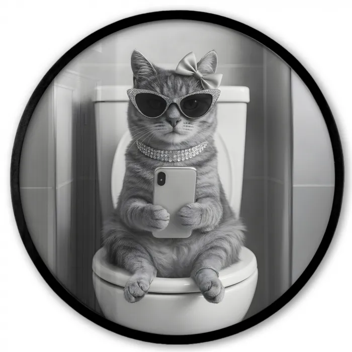 Kat - Telefoon - Toilet - Zwart - Wit Fotolijst rond zonder passe partout klein -3d