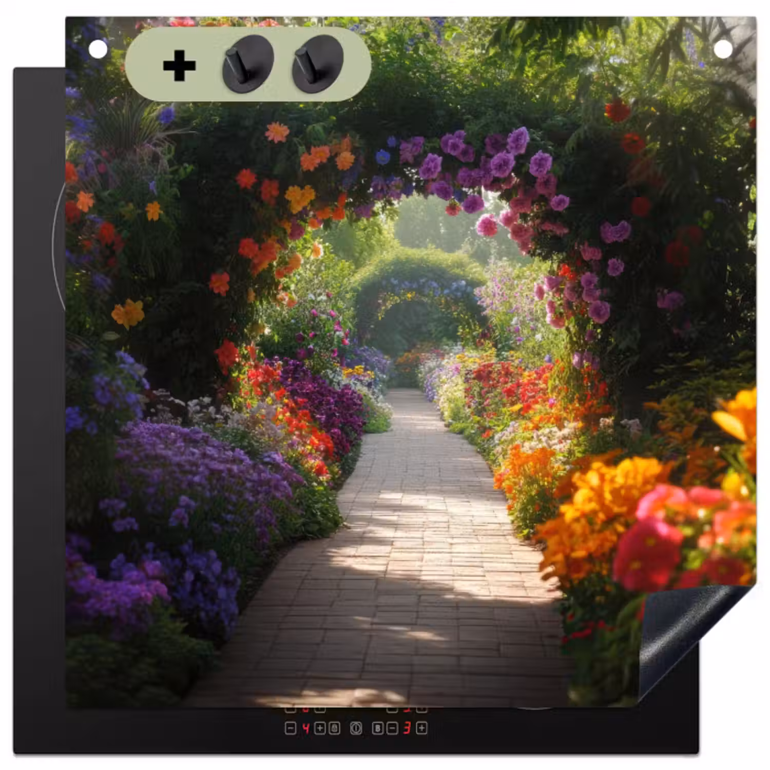 Inductie beschermer en spatscherm (2in1) - Doorkijk - Pad - Bloemen - Struik - Kleurrijk