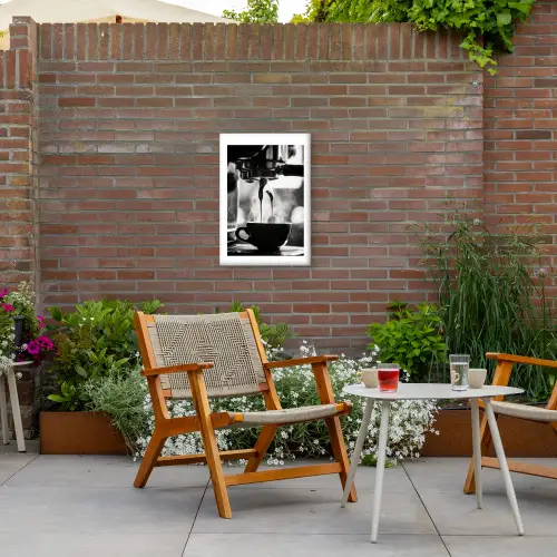 Coffee - Espresso - Koffiemachine - Kop Tuinposter op houten frame 2 cm dik klein -sfeer3